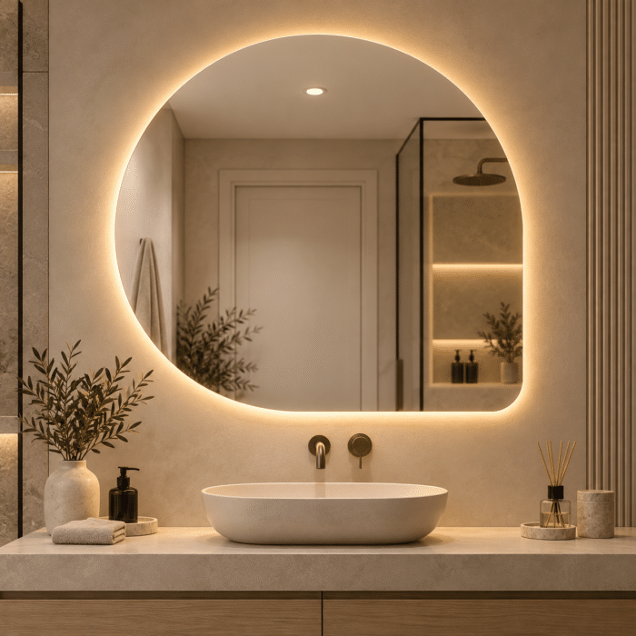 Oglindă LED Asimetrică 80×80 cm, Iluminare Spate, Dezaburire, 3 Tipuri de Lumină, Touch - imagine 3