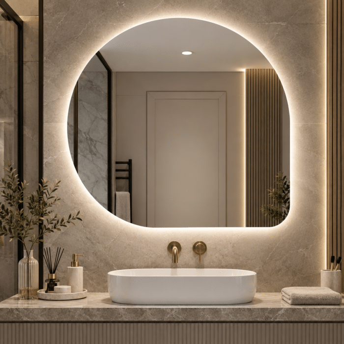 Oglindă LED Asimetrică 80×80 cm, Iluminare Spate, Dezaburire, 3 Tipuri de Lumină, Touch - imagine 8