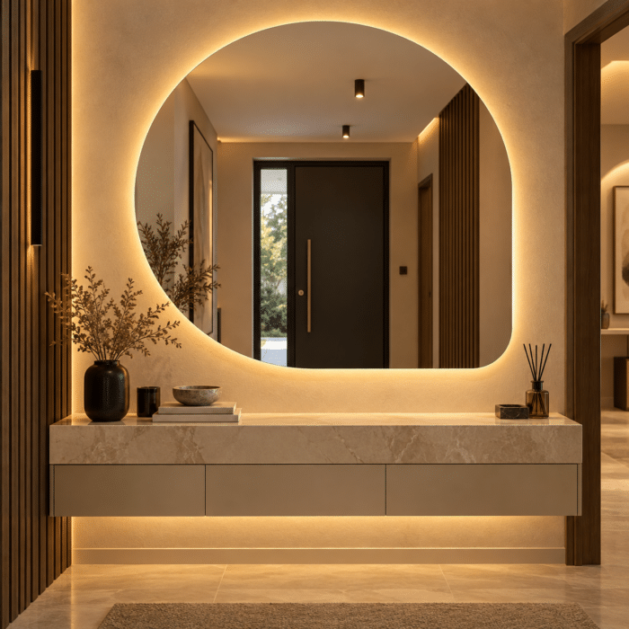 Oglindă LED Asimetrică 80×80 cm, Iluminare Spate, Dezaburire, 3 Tipuri de Lumină, Touch - imagine 4