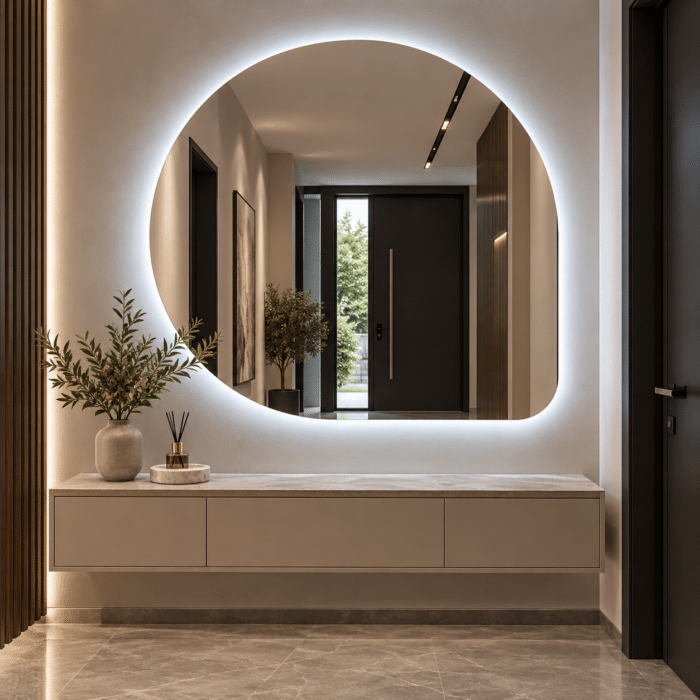 Oglindă LED Asimetrică 80×80 cm, Iluminare Spate, Dezaburire, 3 Tipuri de Lumină, Touch - imagine 2