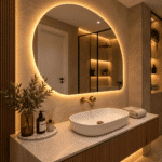 Oglindă LED Asimetrică 80×80 cm, Iluminare Spate, Dezaburire, 3 Tipuri de Lumină, Touch - imagine 5
