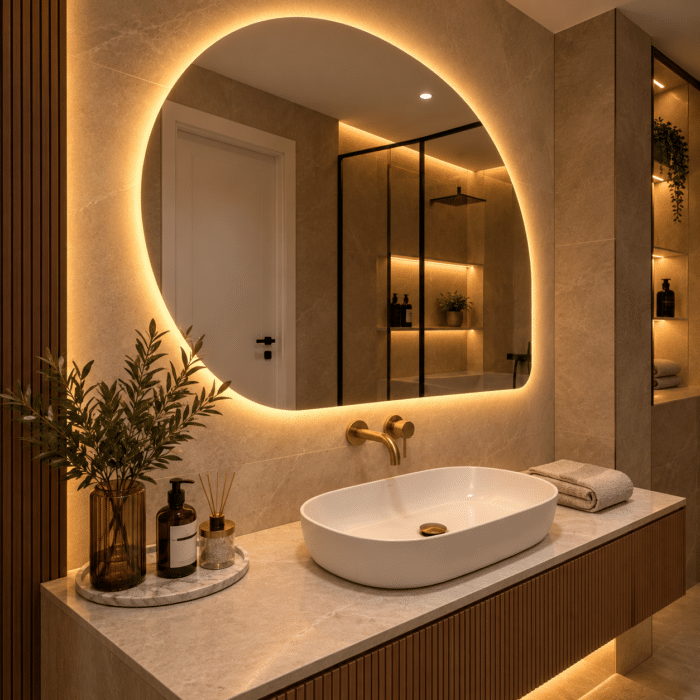 Oglindă LED Asimetrică 80×80 cm, Iluminare Spate, Dezaburire, 3 Tipuri de Lumină, Touch - imagine 5