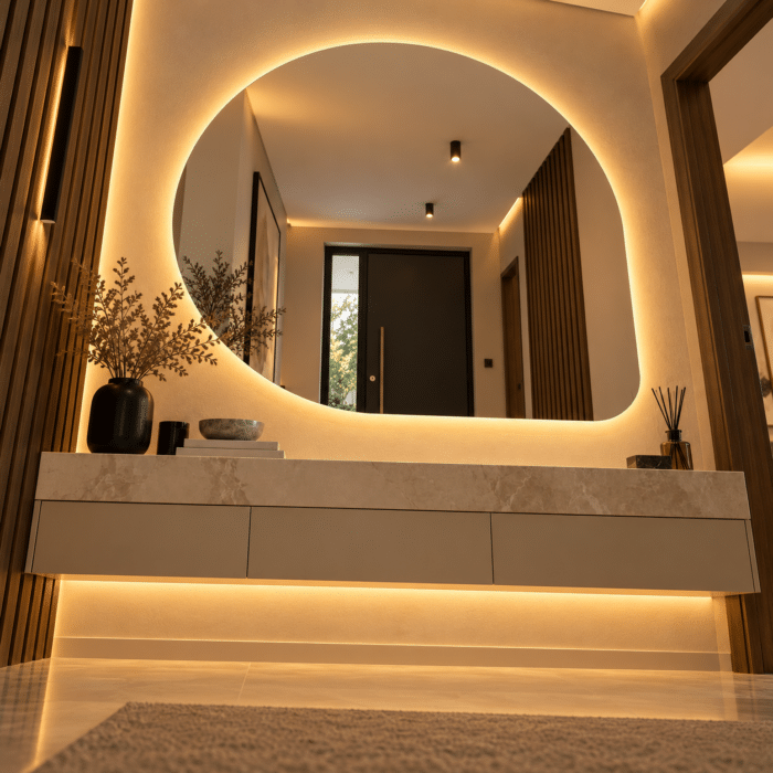 Oglindă LED Asimetrică 80×80 cm, Iluminare Spate, Dezaburire, 3 Tipuri de Lumină, Touch - imagine 6