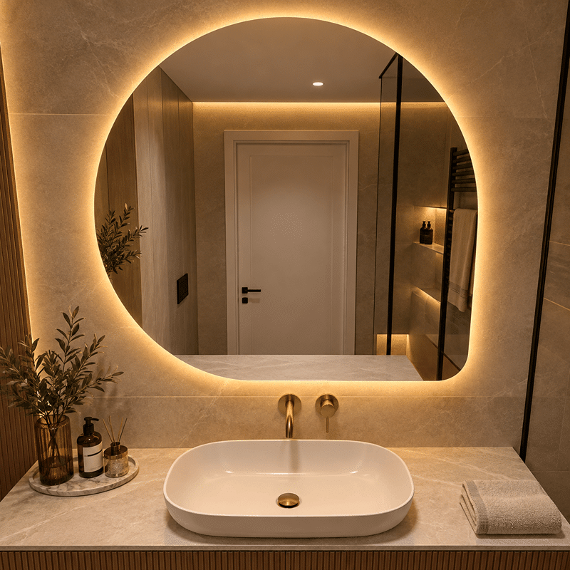 Oglindă LED Asimetrică 80×80 cm, Iluminare Spate, Dezaburire, 3 Tipuri de Lumină, Touch Oglindă LED Asimetrică 80×80 cm, Iluminare Spate, Dezaburire, 3 Tipuri de Lumină, Touch - imagine 1