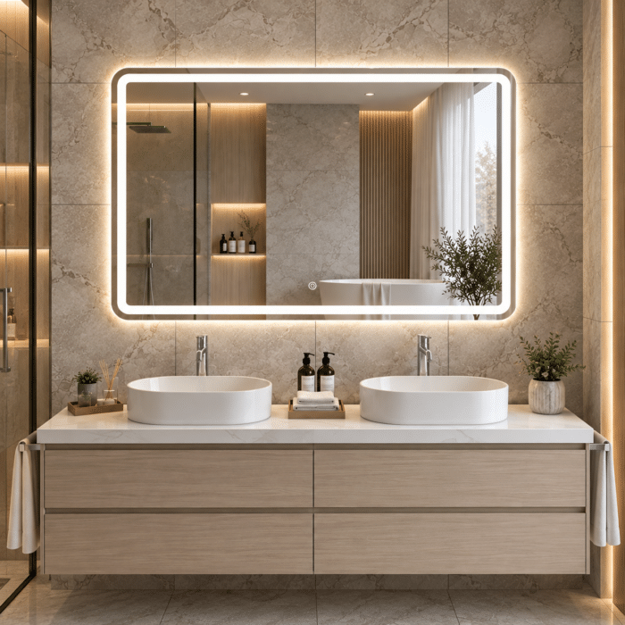 Oglindă LED Dreptunghiulară 110×80 cm, Iluminare Față + Spate, Dezaburire, 3 Tipuri de Lumină, Touch, Model Assi - imagine 4