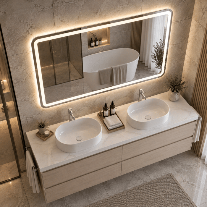 Oglindă LED Dreptunghiulară 110×80 cm, Iluminare Față + Spate, Dezaburire, 3 Tipuri de Lumină, Touch, Model Assi - imagine 2