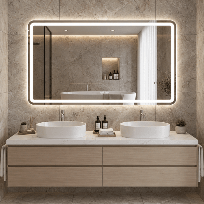 Oglindă LED Dreptunghiulară 150×80 cm, Iluminare Față + Spate, Dezaburire, 3 Tipuri de Lumină, Touch, Model Assi - imagine 6