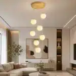 Pendul cu 7 Abajururi Albe, 7×E14, Auriu, Ø50 cm, Înălțime Reglabilă 60–120 cm - imagine 3