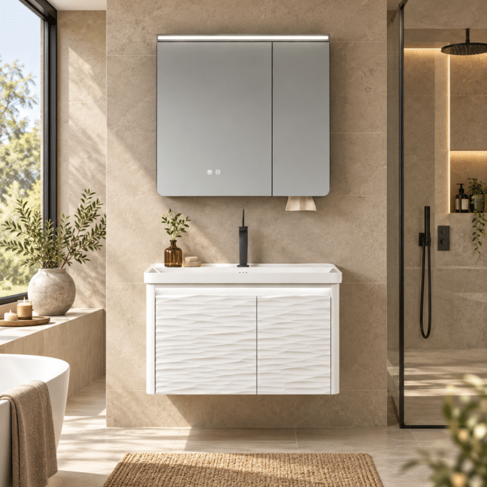 Set Mobilier Baie LED 80 cm cu Lavoar Ceramic și Dulap cu Oglindă LED, Alb - imagine 4