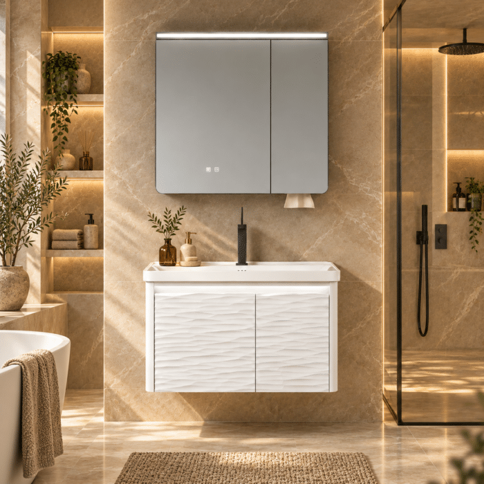 Set Mobilier Baie LED 80 cm cu Lavoar Ceramic și Dulap cu Oglindă LED, Alb - imagine 5