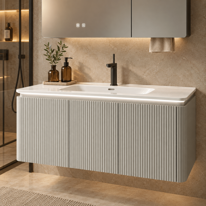 Set Mobilier Baie LED 100 cm cu Lavoar Ceramic și Dulap cu Oglindă LED, Gri Deschis - imagine 2
