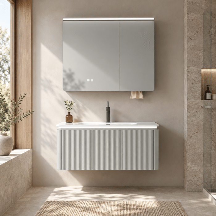 Set Mobilier Baie LED 100 cm cu Lavoar Ceramic și Dulap cu Oglindă LED, Gri Deschis - imagine 3