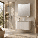 Set Mobilier Baie 80 cm cu Lavoar Ceramic și Dulap cu Oglindă LED, Bej - imagine 2