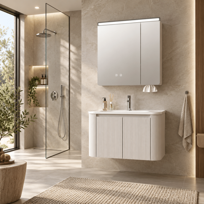 Set Mobilier Baie 80 cm cu Lavoar Ceramic și Dulap cu Oglindă LED, Bej - imagine 2