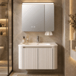 Set Mobilier Baie 80 cm cu Lavoar Ceramic și Dulap cu Oglindă LED, Bej - imagine 4