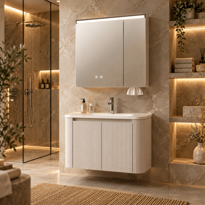 Set Mobilier Baie 80 cm cu Lavoar Ceramic și Dulap cu Oglindă LED, Bej - imagine 3
