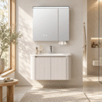 Set Mobilier Baie 80 cm cu Lavoar Ceramic și Dulap cu Oglindă LED, Bej - imagine 5