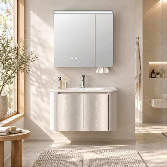 Set Mobilier Baie 80 cm cu Lavoar Ceramic și Dulap cu Oglindă LED, Bej - imagine 5