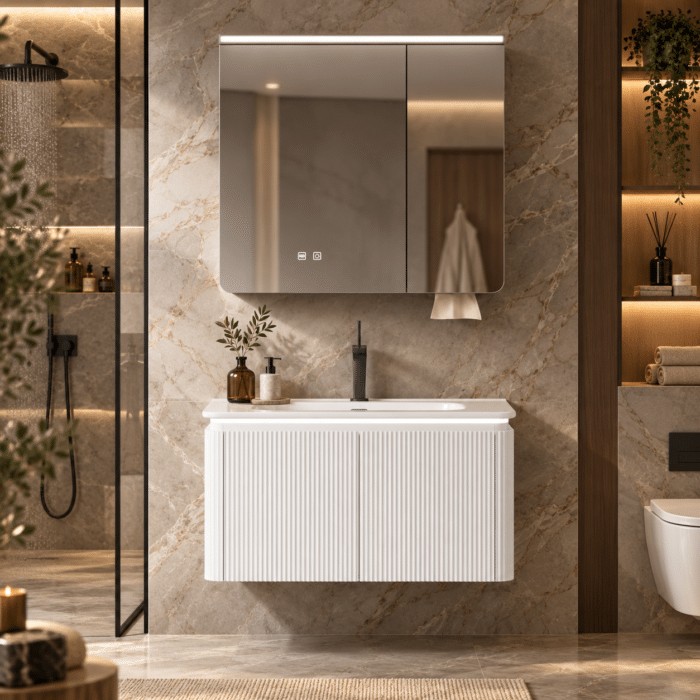Set Mobilier Baie LED 80 cm cu Lavoar Ceramic și Dulap cu Oglindă LED, Alb - imagine 9