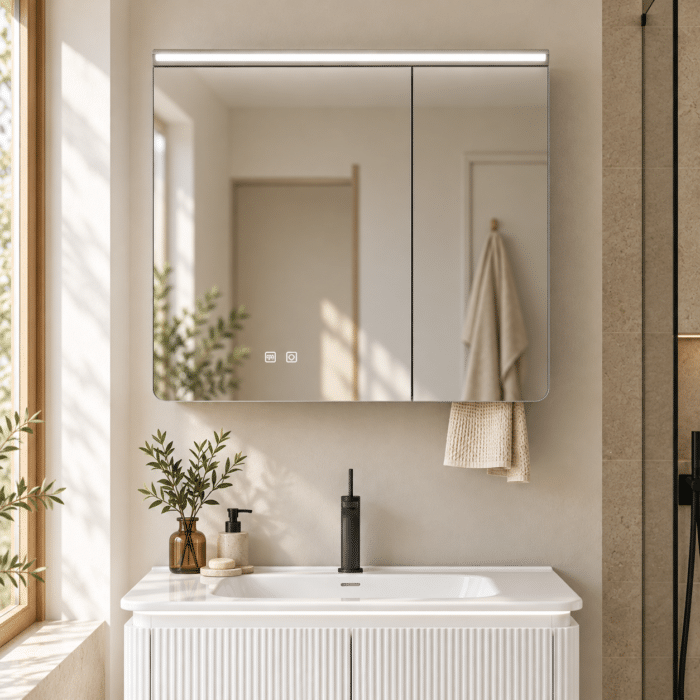 Set Mobilier Baie LED 80 cm cu Lavoar Ceramic și Dulap cu Oglindă LED, Alb - imagine 8