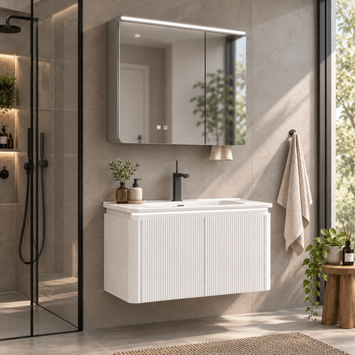 Set Mobilier Baie LED 80 cm cu Lavoar Ceramic și Dulap cu Oglindă LED, Alb - imagine 3