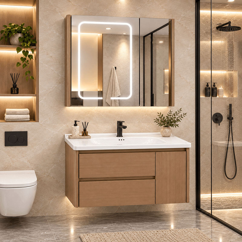Set Mobilier Baie 80 cm cu Lavoar Ceramic și Dulap cu Oglindă LED, Stejar Greige Set Mobilier Baie 80 cm cu Lavoar Ceramic și Dulap cu Oglindă LED, Stejar Greige - imagine 1