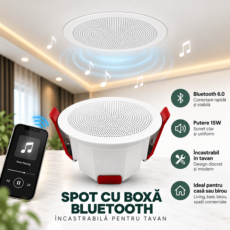 Spot cu Boxă Bluetooth Încastrabilă pentru Tavan Y1BT, 15W, Bluetooth 6.0, Alb Spot cu Boxă Bluetooth Încastrabilă pentru Tavan Y1BT, 15W, Bluetooth 6.0, Alb - imagine 1