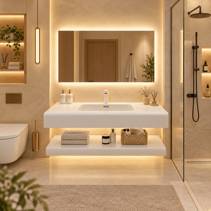 Set Mobilier Baie 80 cm din Rășină cu Lavoar și Oglindă LED 80×60 cm, Alb Mat - imagine 3