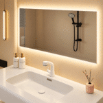 Set Mobilier Baie 80 cm din Rășină cu Lavoar și Oglindă LED 80×60 cm, Alb Mat - imagine 4