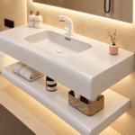 Set Mobilier Baie 80 cm din Rășină cu Lavoar și Oglindă LED 80×60 cm, Alb Mat - imagine 2