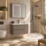 Set Mobilier Baie 80 cm cu Lavoar Ceramic și Dulap cu Oglindă LED, Stejar Greige - imagine 4