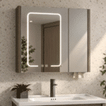 Set Mobilier Baie 80 cm cu Lavoar Ceramic și Dulap cu Oglindă LED, Stejar Greige - imagine 3