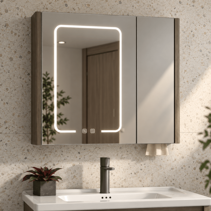 Set Mobilier Baie 80 cm cu Lavoar Ceramic și Dulap cu Oglindă LED, Stejar Greige - imagine 3