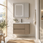 Set Mobilier Baie 80 cm cu Lavoar Ceramic și Dulap cu Oglindă LED, Stejar Greige - imagine 5