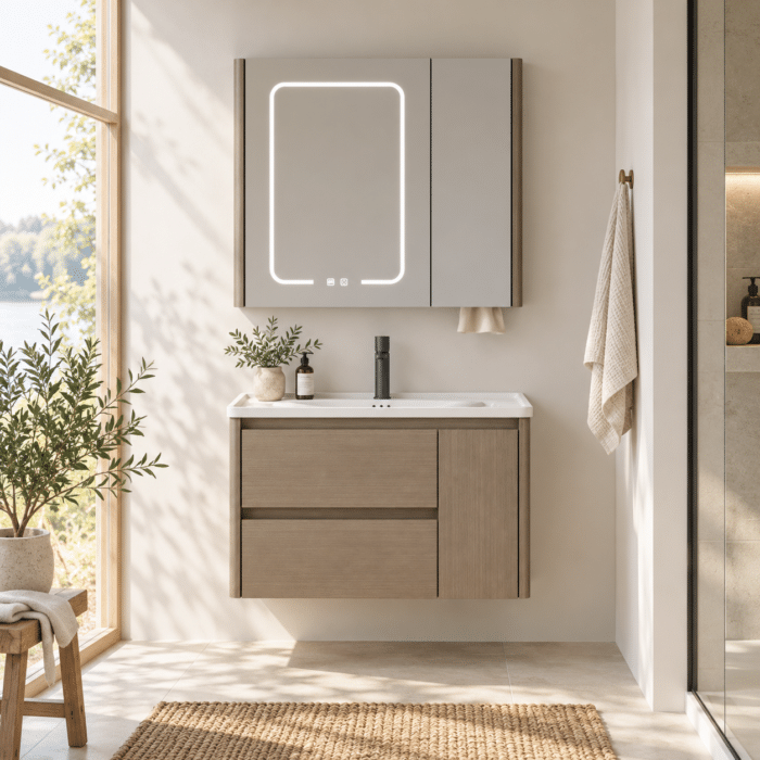Set Mobilier Baie 80 cm cu Lavoar Ceramic și Dulap cu Oglindă LED, Stejar Greige - imagine 5